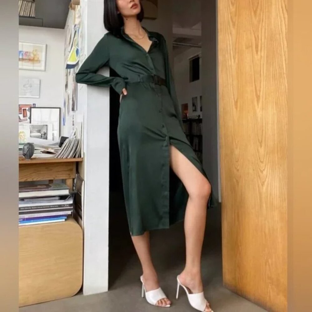 Aritzia Babaton Amory Satin Belted Shirt Dress Midi Dark Green Size 0
